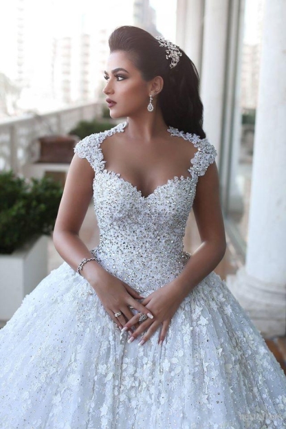 Elegant Cap Sleeve Lace Wedding Dresses UK Ball Gown With Train BA3022