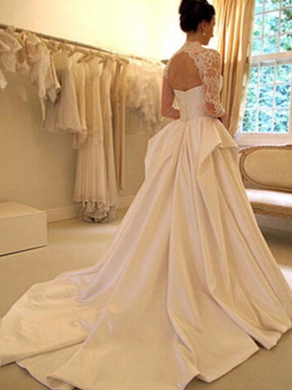 Satin Lace Ball Gown Long Sleeves High Neck Wedding Dresses UK