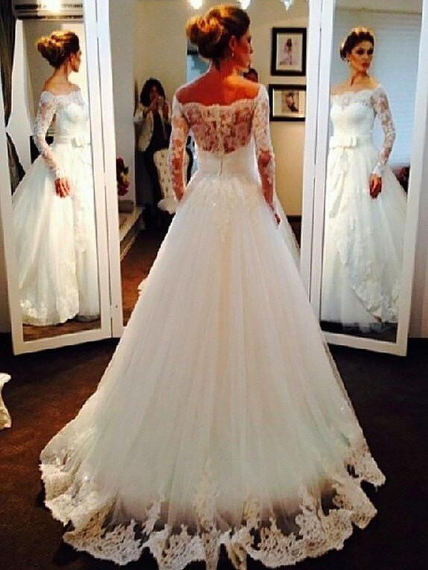 Long Sleeves Sweep Train Ball Gown Off-the-Shoulder Tulle Wedding Dresses UK