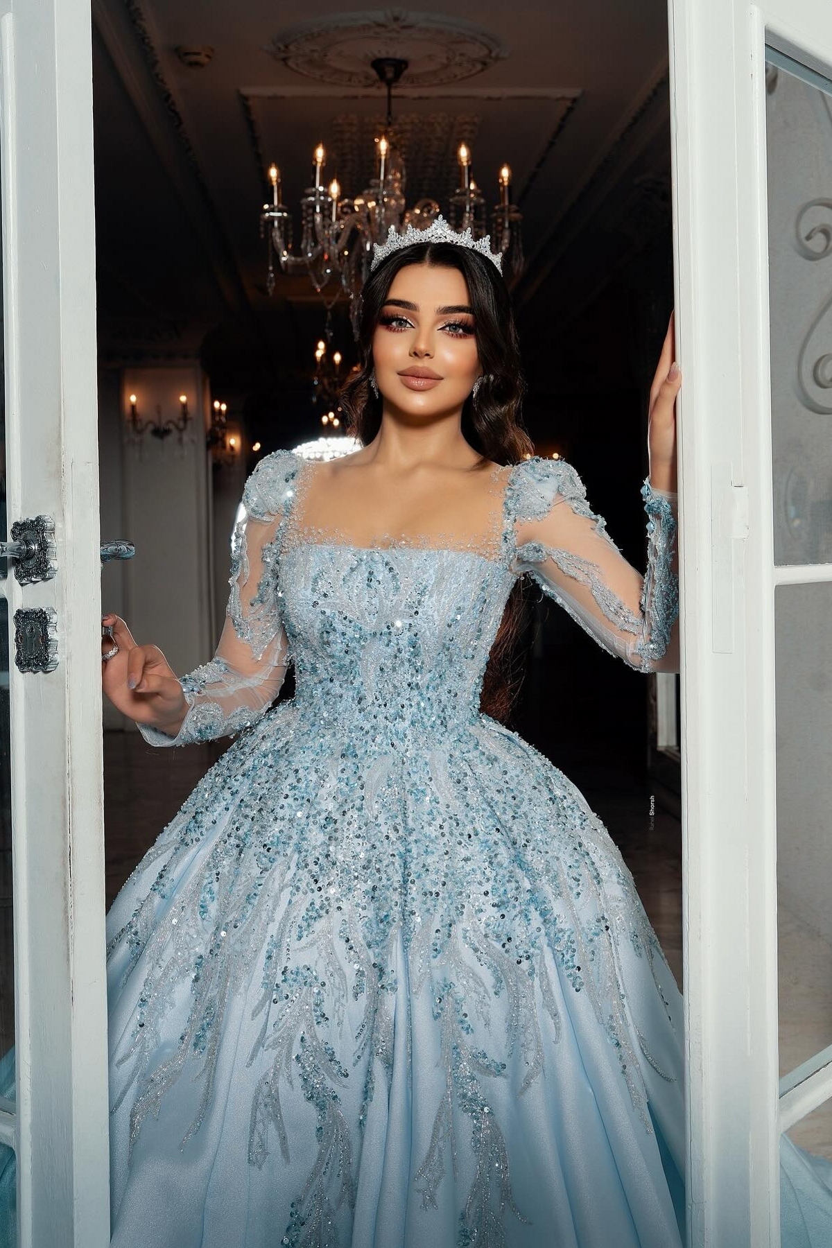 Square Neckline Sequins Princess Prom Dresses Long Sleeve