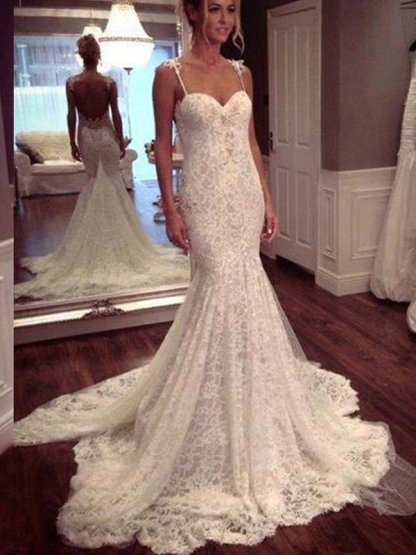 Court Train Lace Spaghetti Straps Sleeveless Sexy Mermaid Wedding Dresses UK