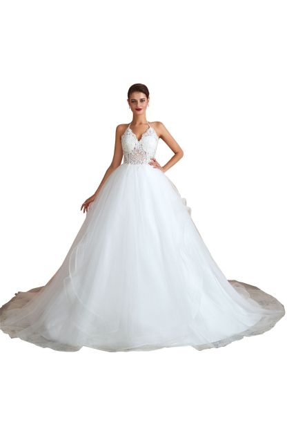 Simple Halter Ball Gown Wedding Dress Tulle Lace Bridal Dress for Women