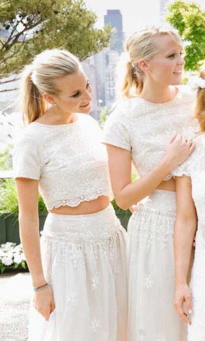 Modern White Two Piece A-line Bridesmaid Dress UK Lace Short Sleeve Jewel