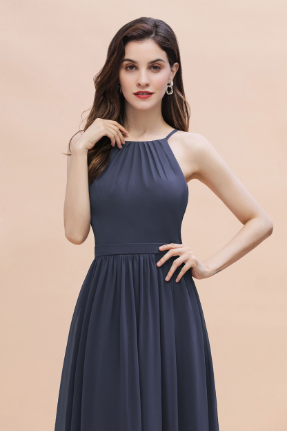 Halter Ruched Chiffon Long Stormy Bridesmaid Dress Sleeveless