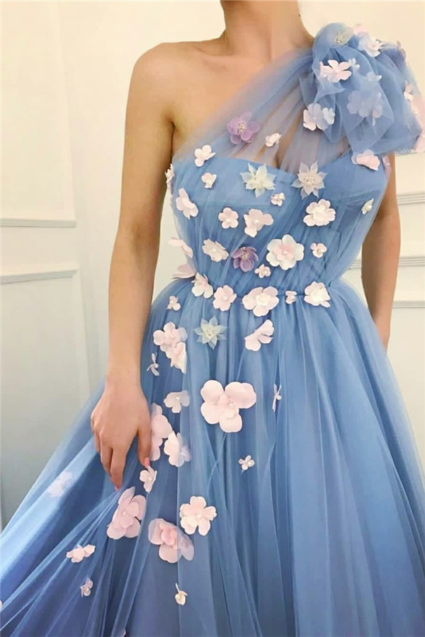 Chic Tulle One Shoulder Prom Dresses Sexy | Flowers Long Evening Dress UK