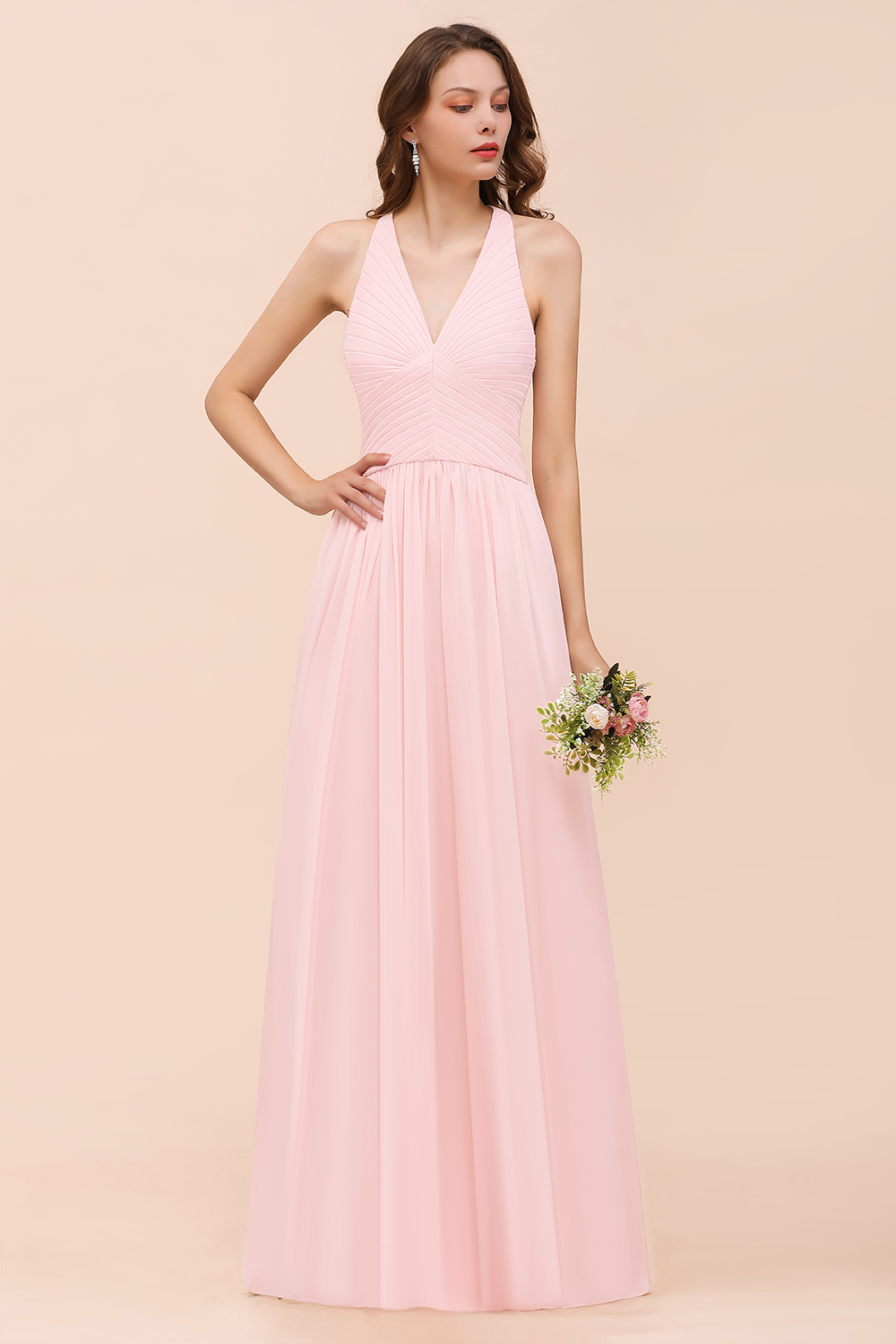 Chic V-Neck Blushing Pink Ruched Chiffon Simple Bridesmaid Dress