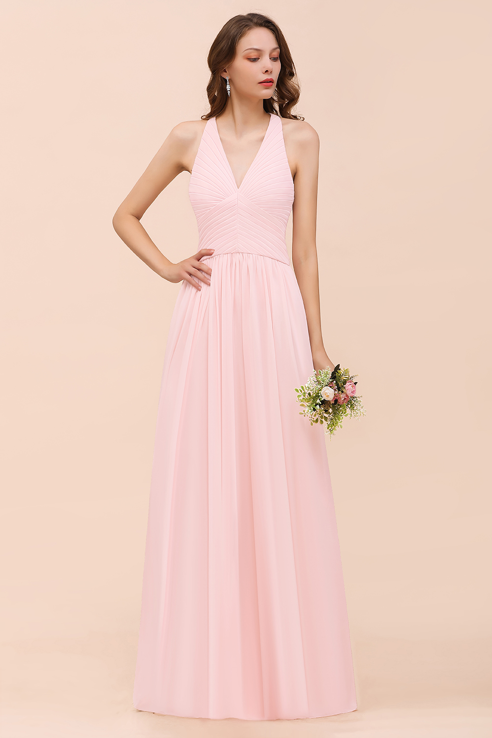 Chic V-Neck Blushing Pink Ruched Chiffon Simple Bridesmaid Dress