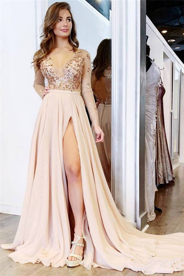 Sexy Sequin Elegant V-Neck Lace Appliques Crystal Prom Dress UKes UK Side slit Longsleeves Evening Dress UKes UK-27Dress.co.uk