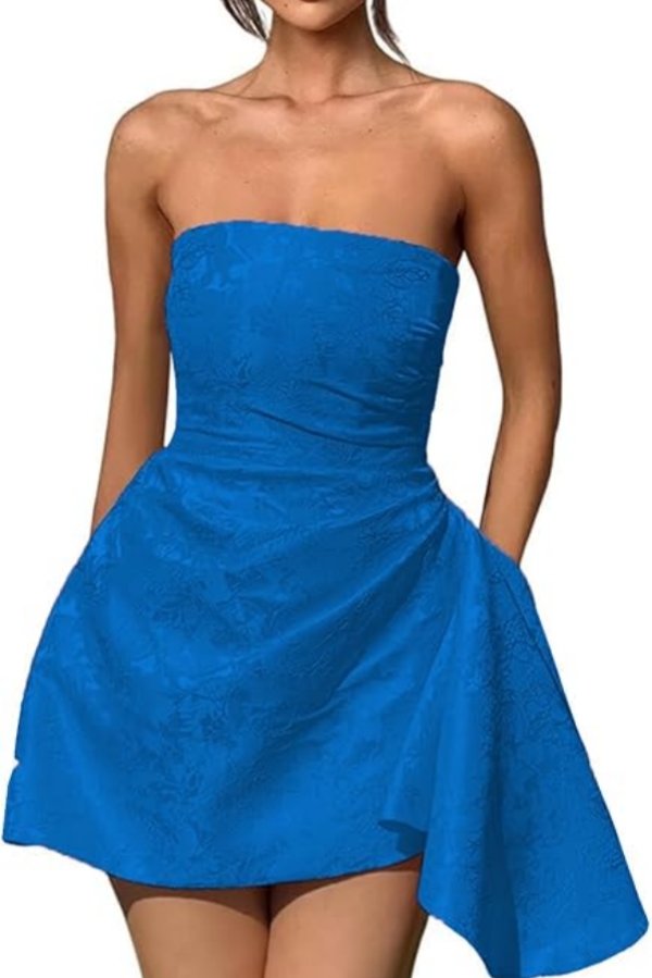 Strapless Ruched Satin Short Party Dress Sleeveless Knee Length Jacquard Homecoming Dress with Pocket