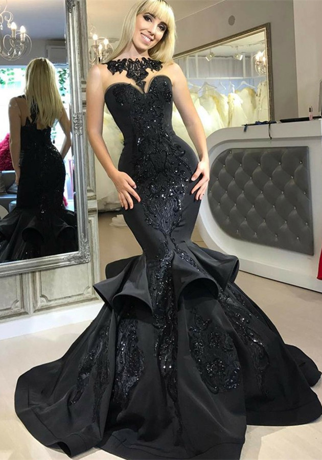 Elegant Black Mermaid Prom Dress UK Long Sequins Ruffles Party Gowns BA7654