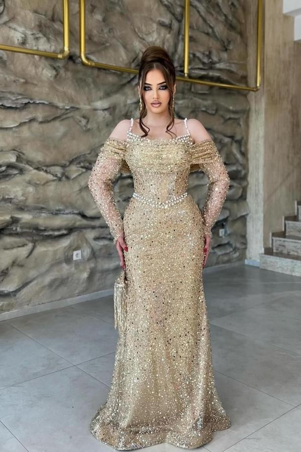 Spaghetti Straps Sequins Ruched Mermaid Prom Dresses Long Sleeve