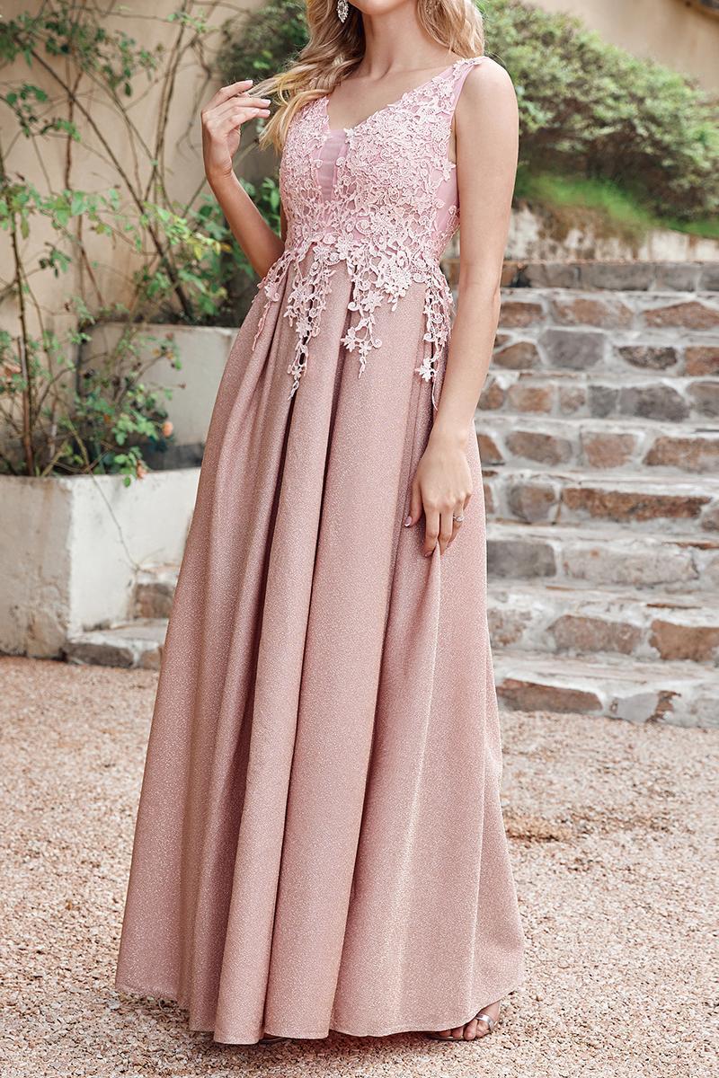 Beautiful Aline Evening Dresses V-neck Floral Lace Bridesmaid Dress Sleeveless