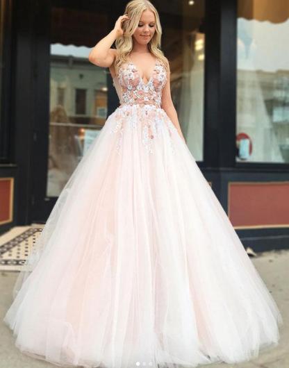 Gorgeous A-Line Straps V-Neck Sleeveless Beading Appliques Long Prom Dress UKes UK UK