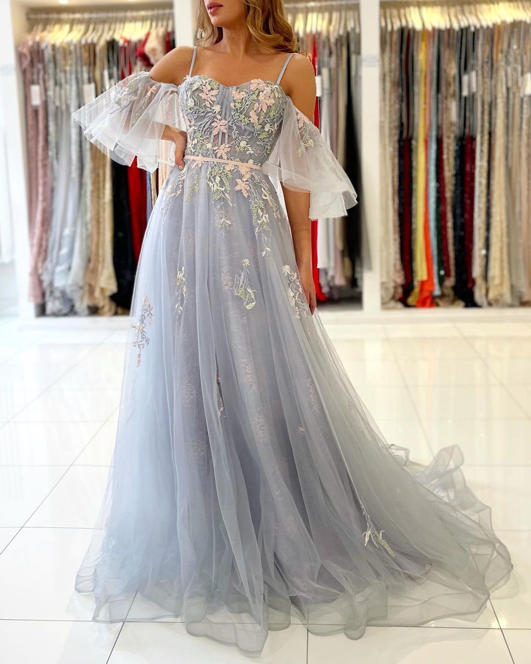 Charming Spaghetti Straps Puffy Sleeves Sweetheart Tulle Evening Party Dress with Floral Pattern