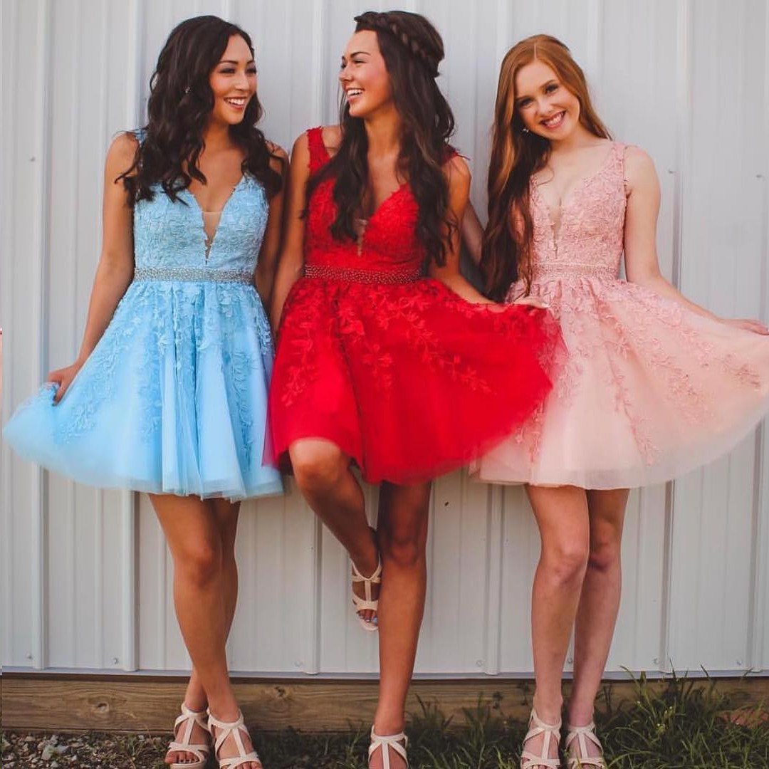 Illusion Appliques V-Neck Homecoming Dress