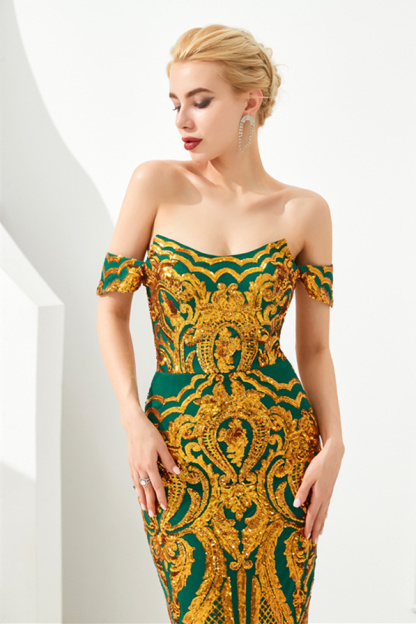 Glamorous Off-the-Shoulder Glitter Sequins Appliques Long Mermaid Prom Dress