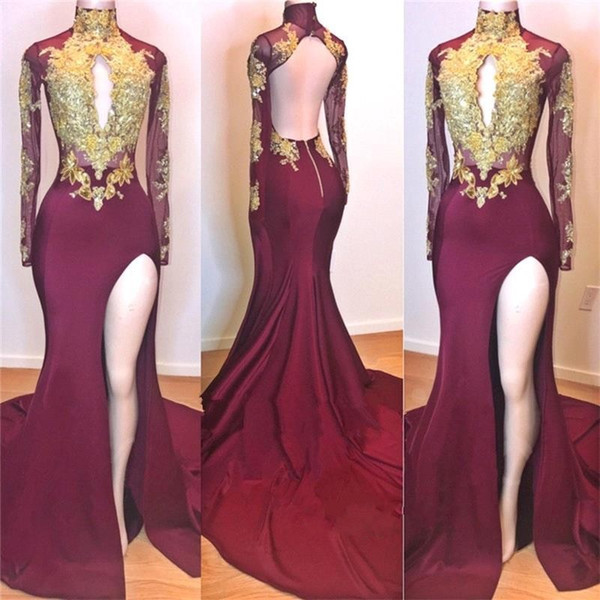 Wine Red Maroon Gold Lace Appliques Evening Dress UKes UK | Long Sleeves Side Slit Open Back Elegant Trumpt Prom Dress UKes UK UK
