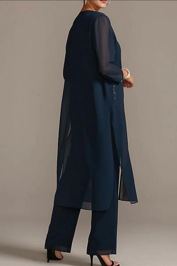 Jumpsuit 3 Piece Chiffon Sequins Mother of the Bride Dress with Scoop Neck 3/4 Sleeves-27Dress.co.uk