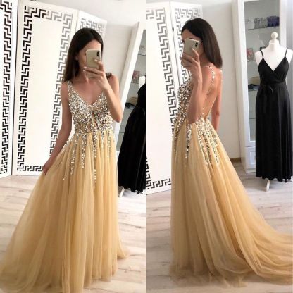 Sexy Lace Appliques Elegant V-Neck Crystal Prom Dress UKes UK Backless Sleeveless Evening Dress UKes UK-27Dress.co.uk