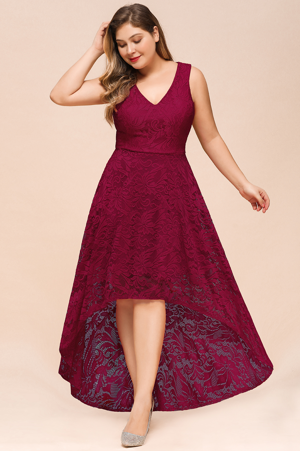 Aline Floral Lace Hi-Lo Formal Dress Sleeveless V-Neck Party Dress