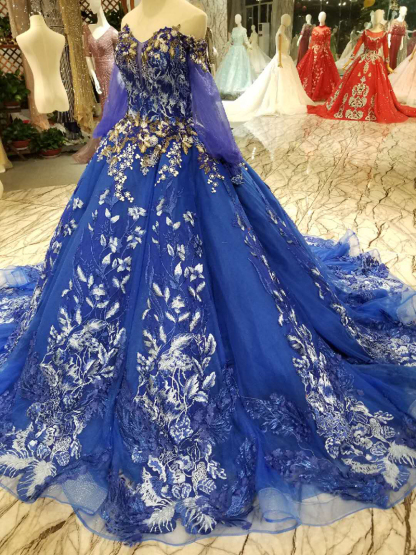 Off-the-Shoulder Long Sleeves Ball Gown Tulle Applique Court Train Prom Dress UK UK