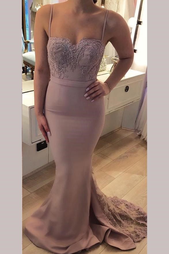 Sexy Crystal Spaghetti-Strap Lace Appliques Prom Dress UKes UK Mermaid Sleeveless Evening Dress UKes UK with Beads