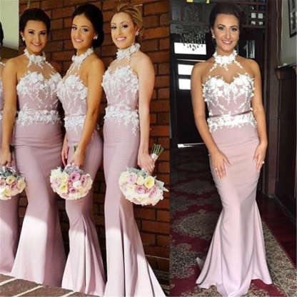 Halter Sleeveless Mermaid Bridesmaid Dress UK Lace Appliques