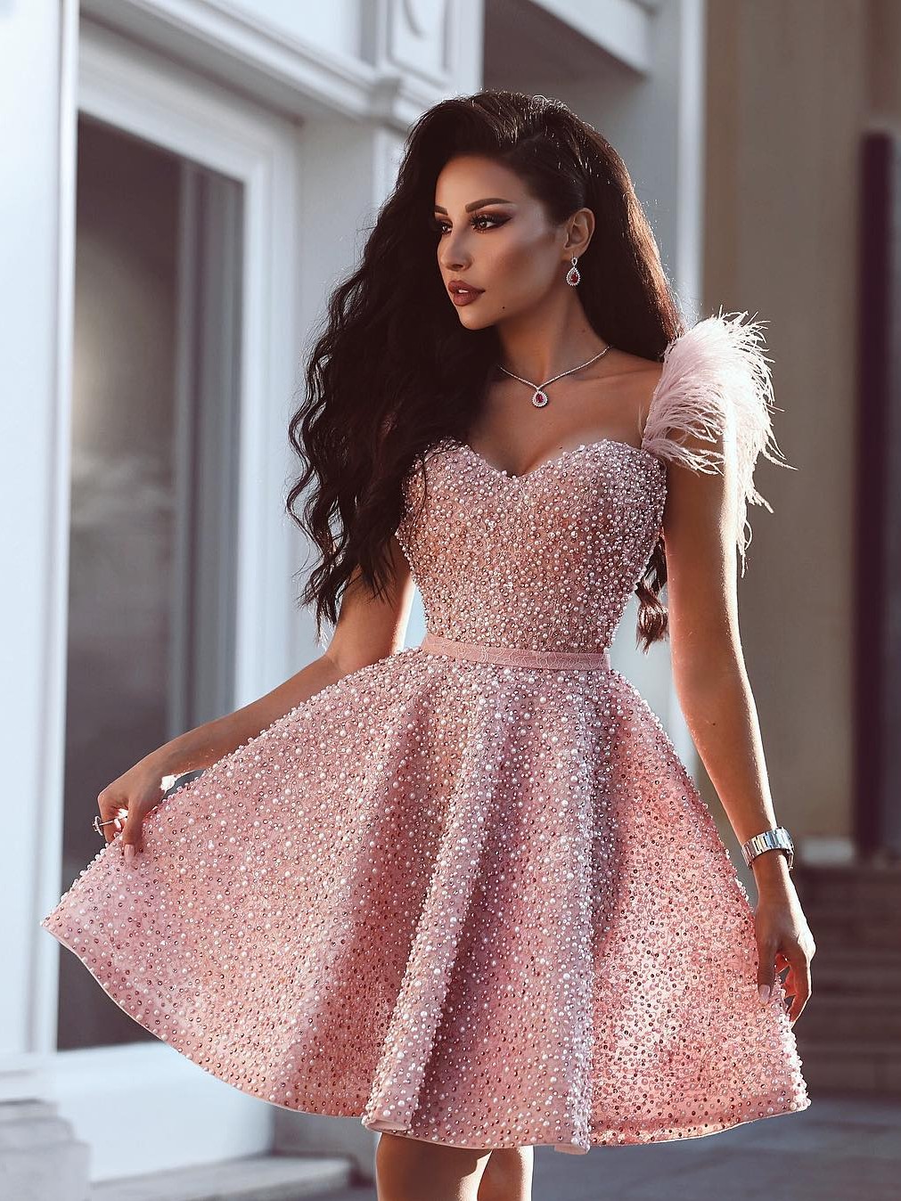 A-Line Beading Homecoming Dress UK | Luxury Feather Pink Party Dress UK