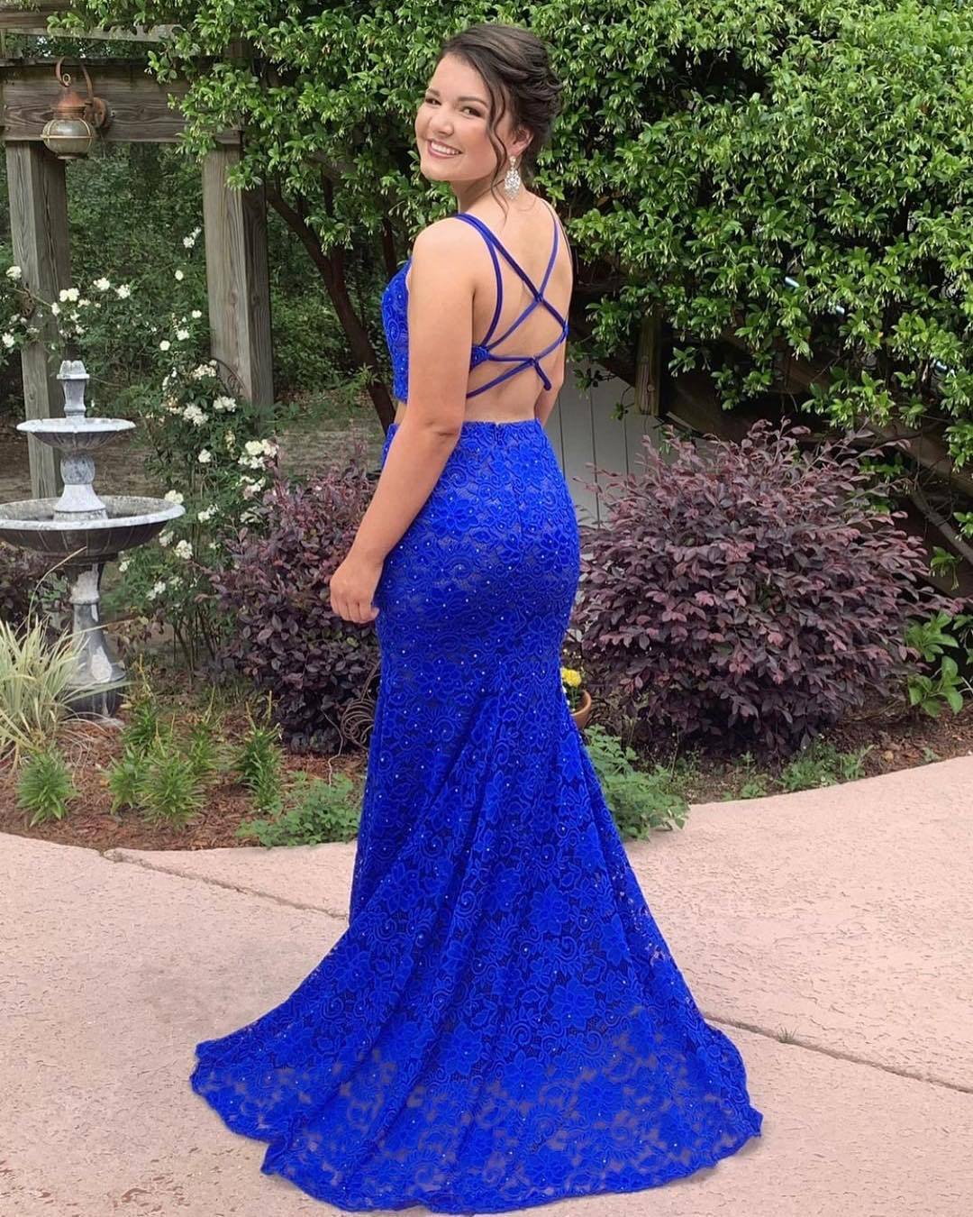 Sexy Spaghetti Straps Beaded Evening Dresses UK | Lace V-Neck Royal Blue Prom Dresses