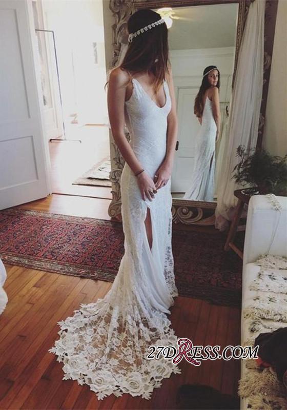Gorgeous Lace Sleeveless V-Neck Split Beach Wedding Dress