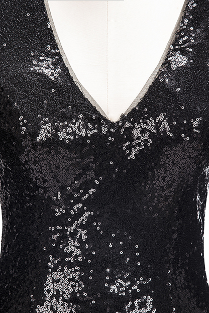 Black sequins prom Dress UK Long sleeve mermaid evening gowns V-Neck