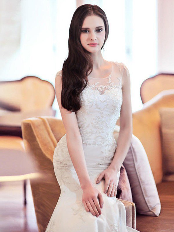 Court Train Sexy Mermaid Beads Organza Scoop Neckline Sleeveless Wedding Dresses UK