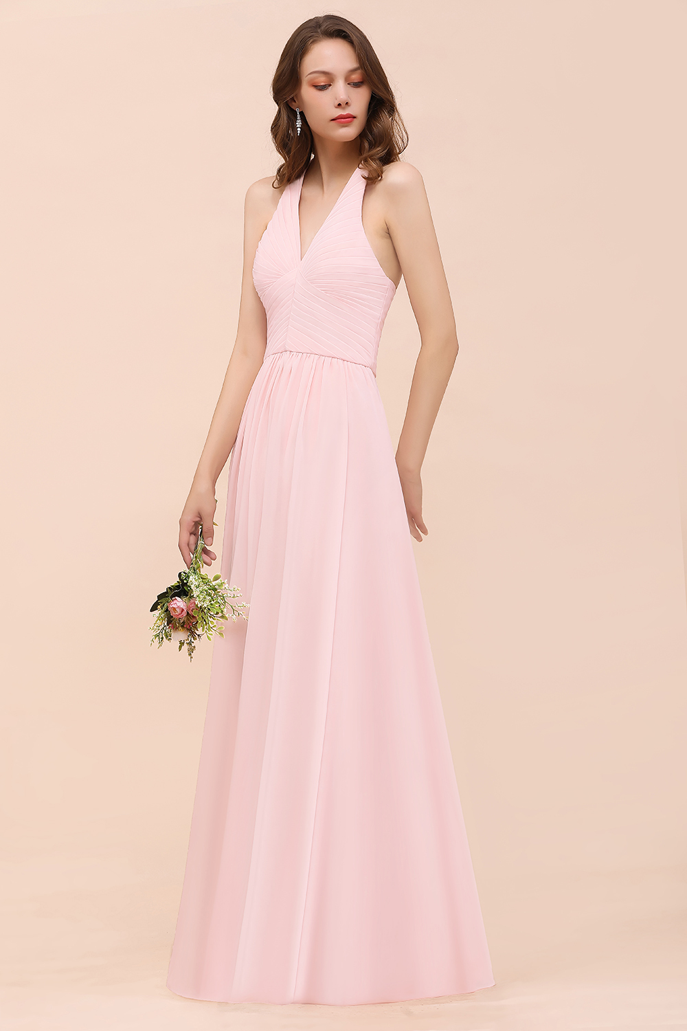 Chic V-Neck Blushing Pink Ruched Chiffon Simple Bridesmaid Dress
