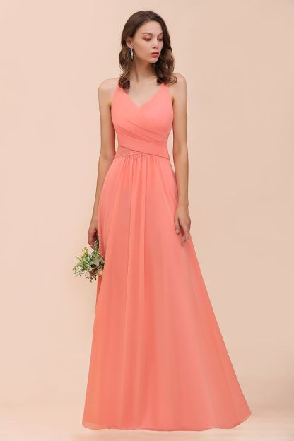 Coral Bridesmaid Dress Ruffle Chiffon V-Neck Long Wedding Guest Dress