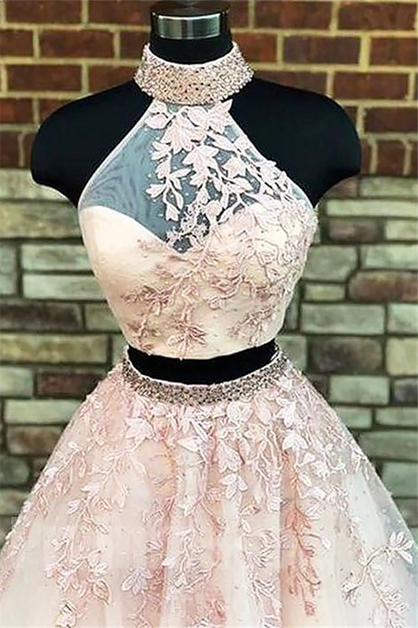 Sexy Halter Two Piece Lace Appliques Prom Dress UKes UK Lace Up Crystal Evening Dress UKes UK with Beads