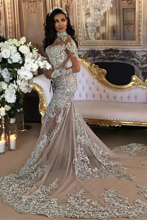 Silver Glamorous Lace Long-Sleeve Sexy Mermaid High-Neck Wedding Dresses UK BH-362-27Dress.co.uk