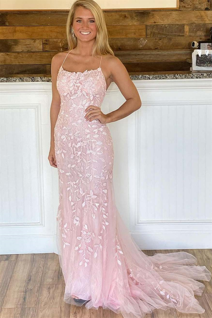 Exquisite Tulle Spaghetti Strap Sleeveless Backless Mermaid Prom Dress with Embroidery