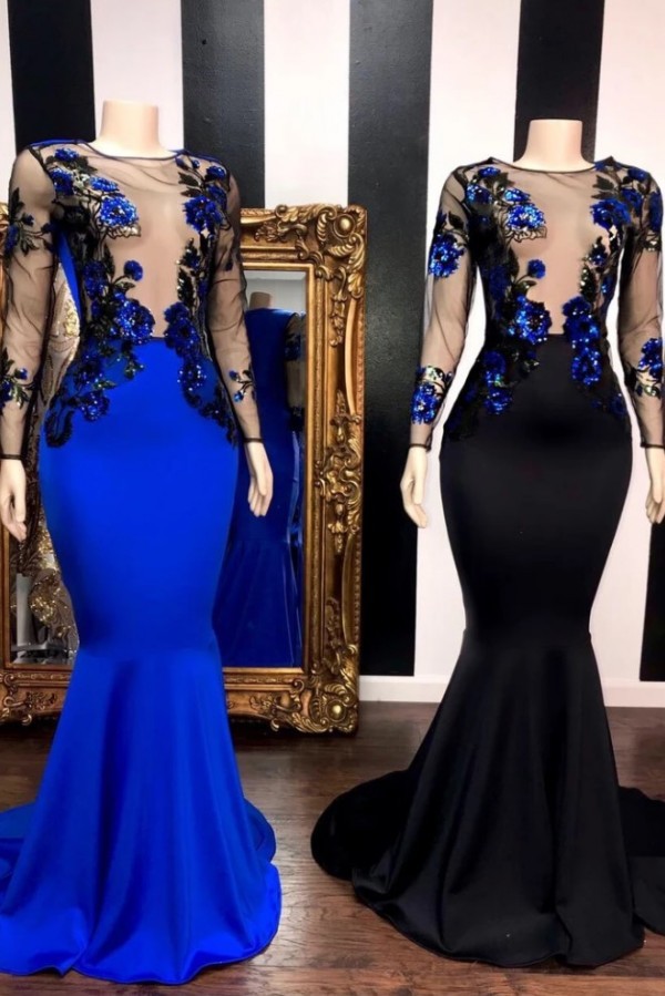 Illusion Long Sleeves Flower Appliques Mermaid Prom Gowns