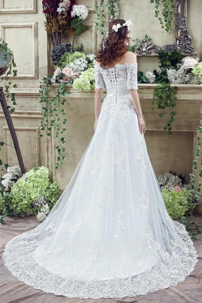 Elegant Off-the-shoulder Lace Appliques Wedding Dress Bowknot Lace-up