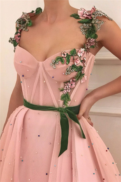 Sexy Pink Tulle Burgundy Sash Prom Dress with Pearls | Sheer Bodice Sweetheart Evening Dress UK