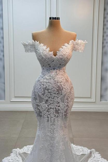 Elegant Off-Shoulder Appliques Lace Mermaid Wedding Dress Column Long Bridal Gown-27Dress.co.uk