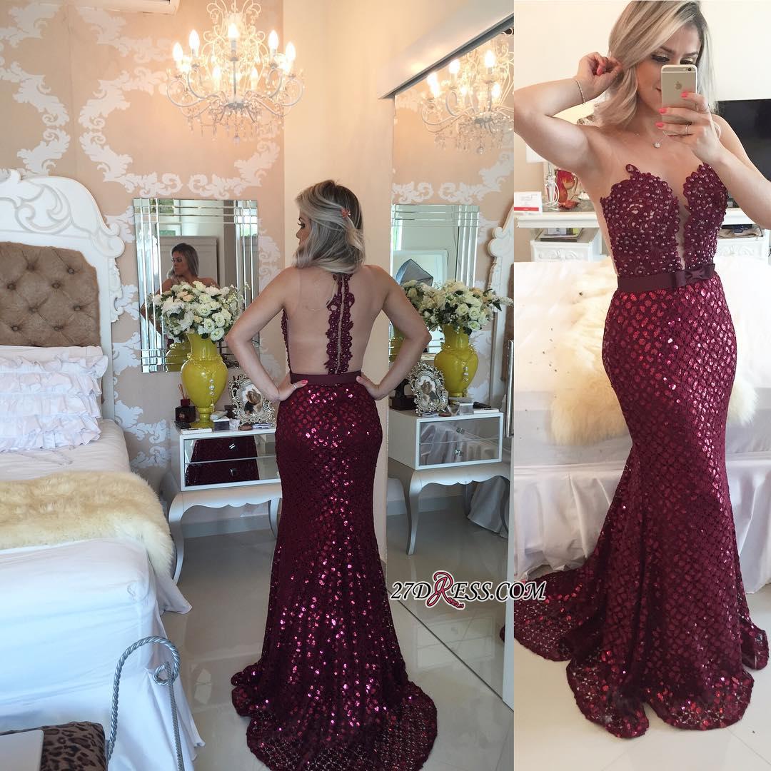 Sweep-Train Luxury Burgundy Sequined Sleeveless Bow Mermaid Prom Dress UK BT007