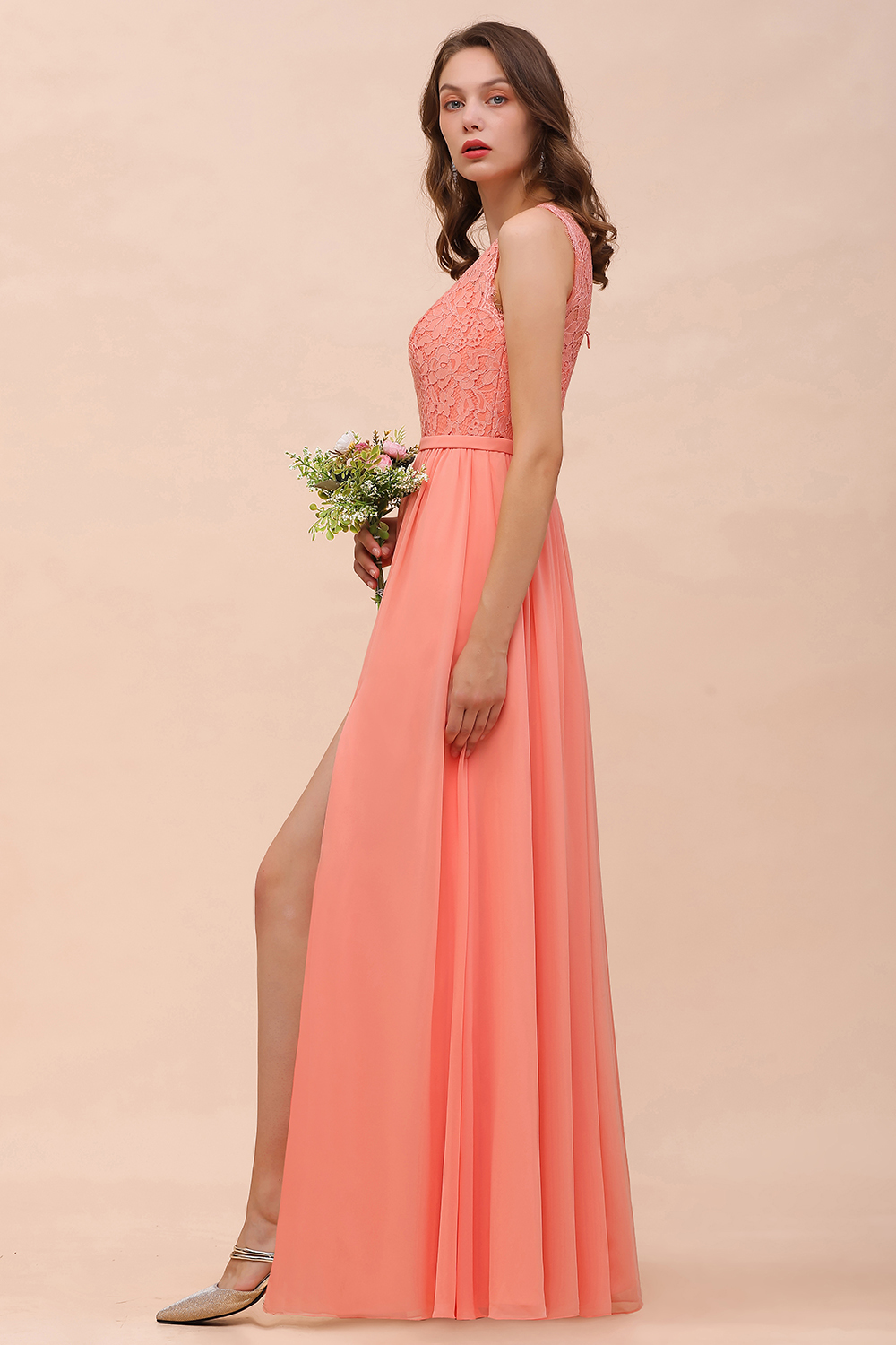 Gorgeous One Shoulder Lace Chiffon Long Bridesmaid Dress Coral Side Split Wedding Guest Dress
