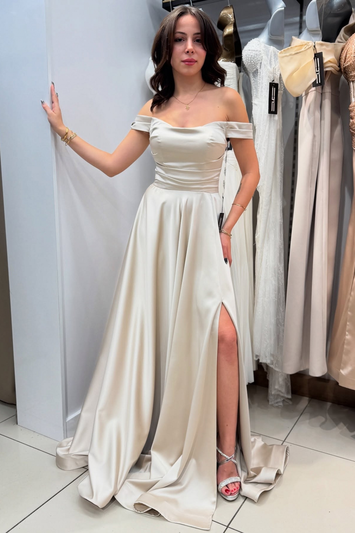 Off-the-Shoulder Simple Satin Formal Dress Side Slit