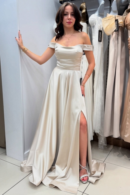 Off-the-Shoulder Simple Satin Formal Dress Side Slit