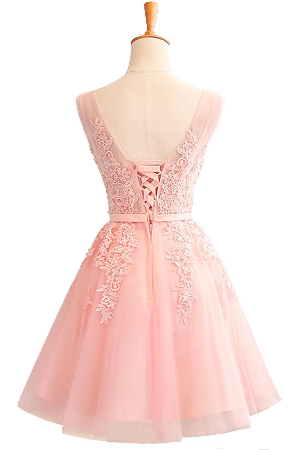 Beautiful Sleeveless lace-up Short homecoming Dress UK Lace Appliques Tulle BA3782