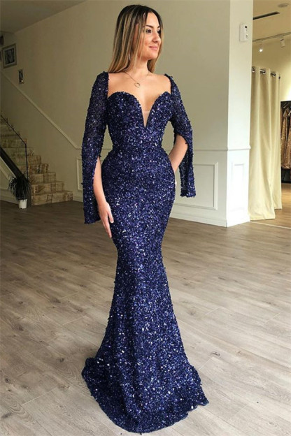 Sexy Elegant Mermaid Sweetheart Long Sleeves Sequin Prom Dress UKes UK UK