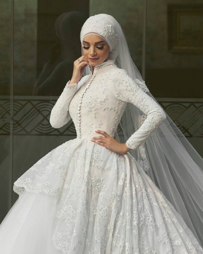 Elegant High Neck Wedding Dresses UK Lace Long Sleeves Muslim Bridal Gowns