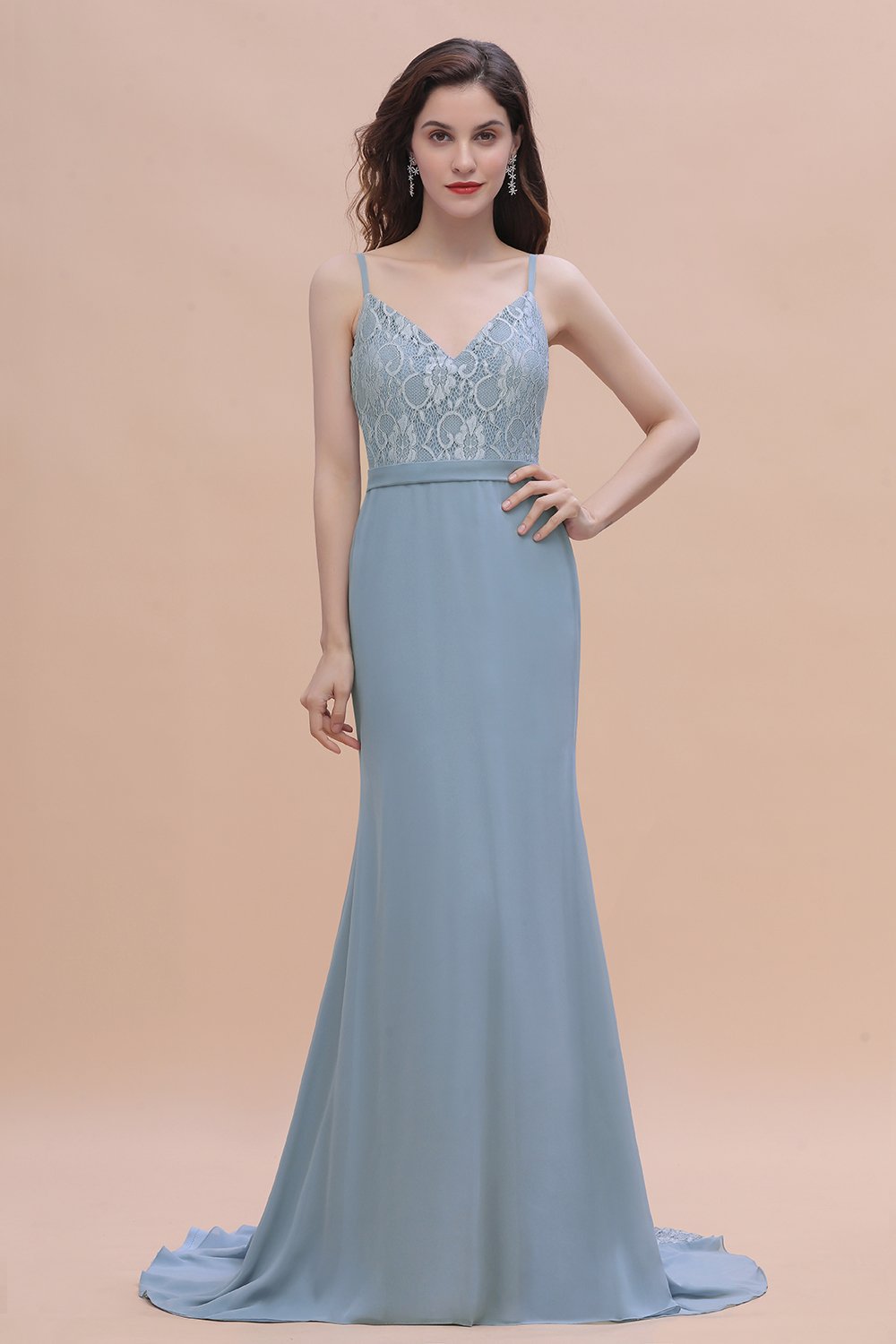 Stylish V-Neck Floral Lace Mermaid Bridesmaid Dress Sleeveless Chiffon Long Wedding Party Dress