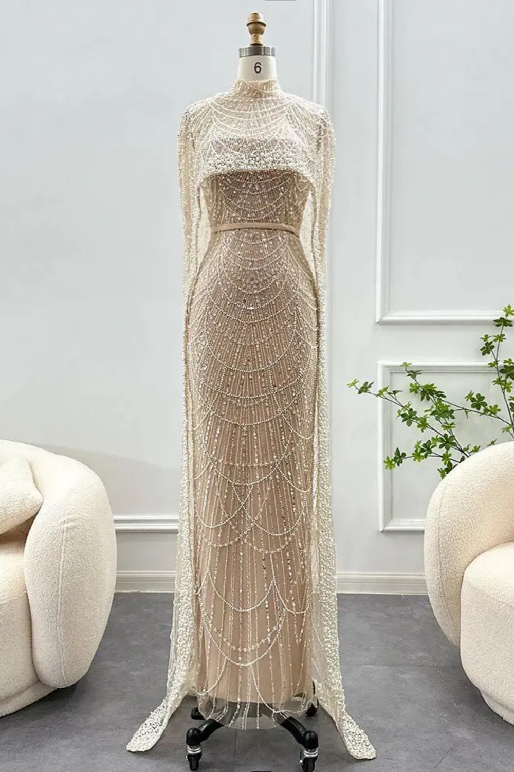 Luxury Beadings Evening Dresses with Cape High Neck Pearls Floor Length Formal Occasion Dresses Luxury Beadings Evening Dresses with Cape High Neck Pearls Floor Length Formal Occasion Dresses
